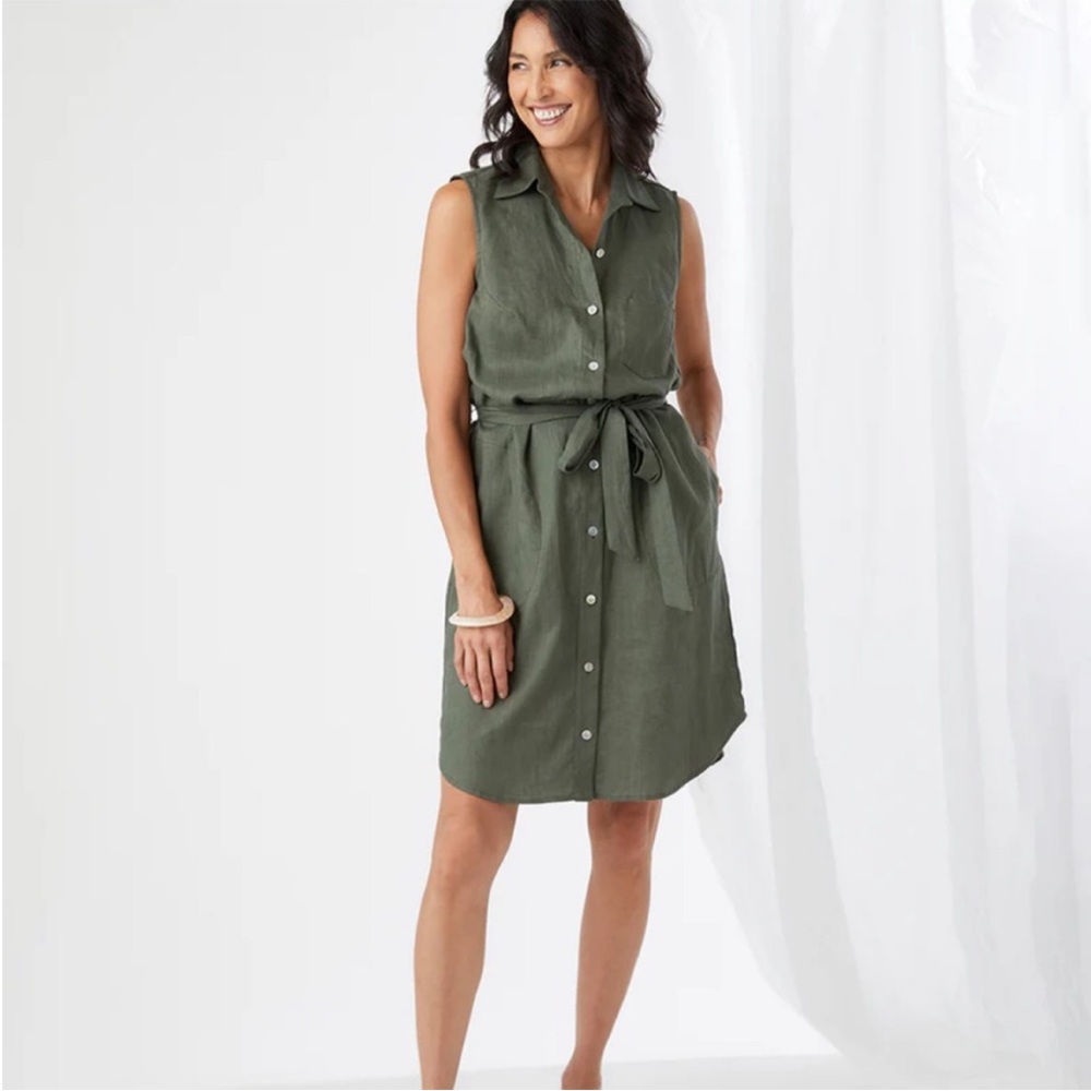 Karen Kane Olive Green Linen Blend Sleeveless Shirt Dress Large